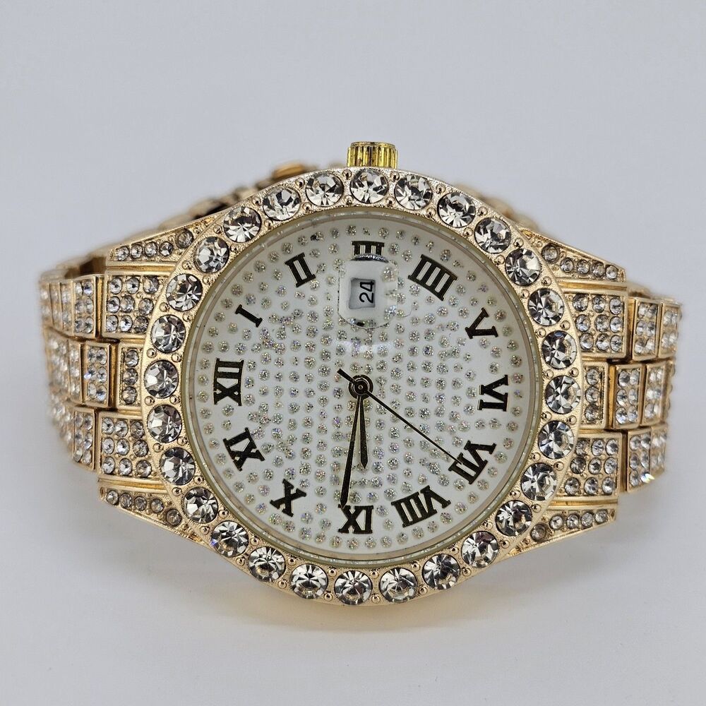 Unisex Watch 42MM Crystal Bling Gold Case Gold Band Date 7.5" Wrist New‎ Battery